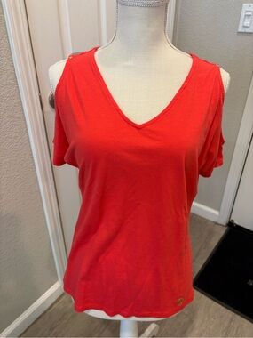 Michael Kors Red V-Neck Cold-Shoulder Tee